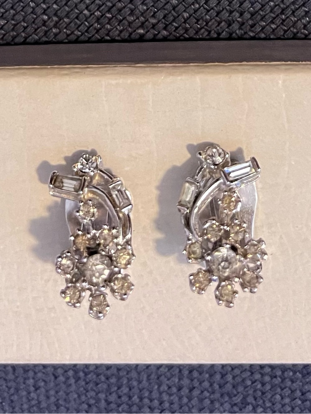 Vintage Silver-Tone Floral Crystal Clip-On Earrings - Clear